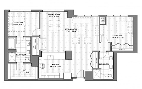 Floor plan for 2 beds, 2 baths, 1402 sqft